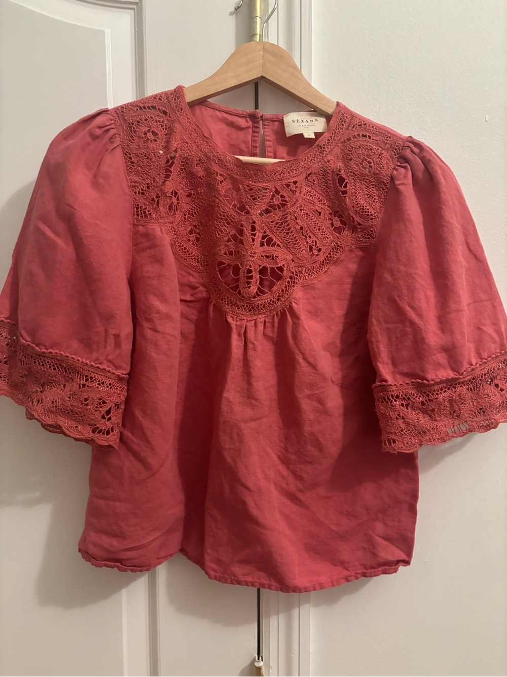 Sezane Pink Lace Yoke Puff Sleeve Top